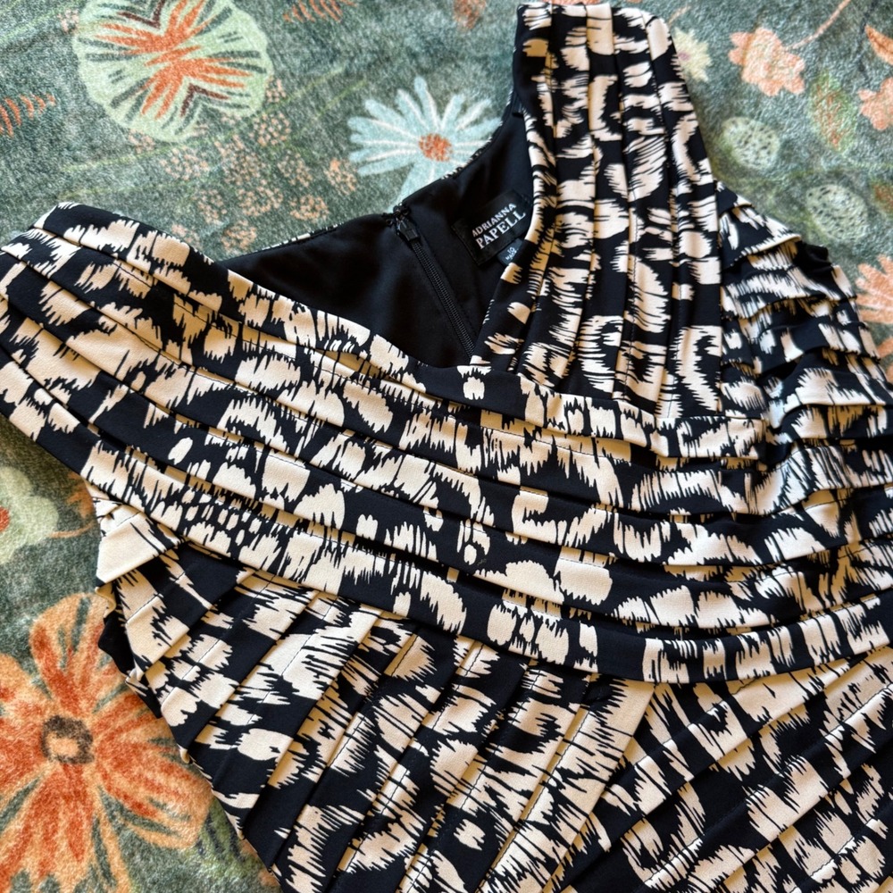 Adrianna Papell Womens Black Cream Ikat Pleated Tiered Sheath Dress Size‎ 10